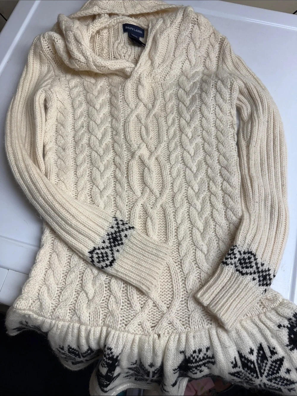 Girls’ Ralph Lauren Cream Cable-Knit Hooded Sweater with Black Fair Isle Trim